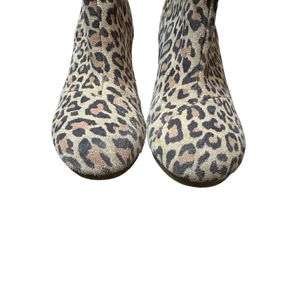 Toms Womens 5.5 Beige Kelsey Leopard Print Suede Bootie Ankle Boots Wedge 3”